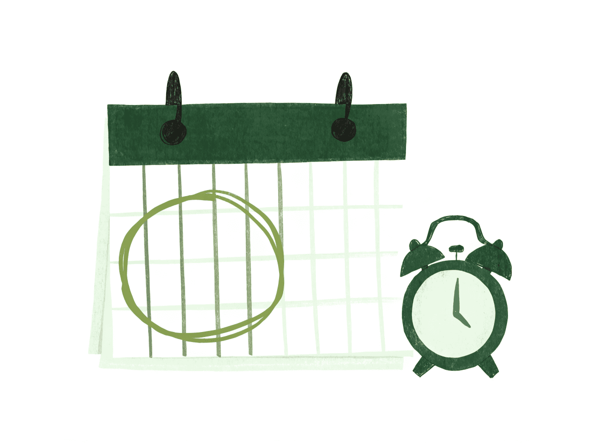 Calendario con un día de la semana marcado en círculo, junto a un despertador