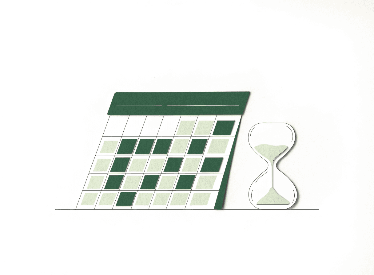 Un calendario con varios días marcados y un reloj de arena